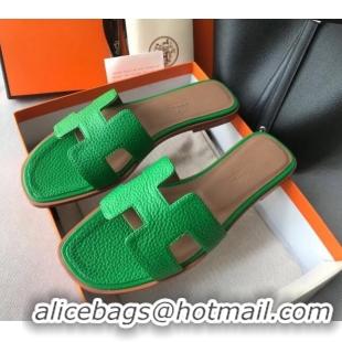 Low Price Hermes Oran H Flat Slipper Sandals in Togo Grainy Calfskin 040384 Green 2021