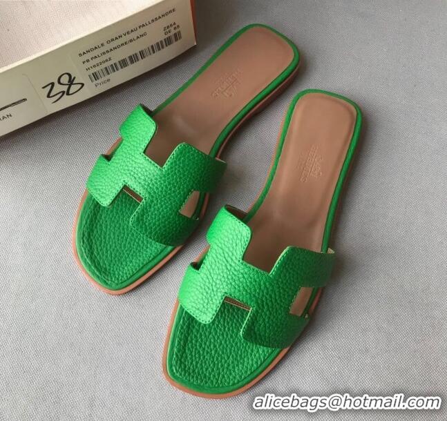 Low Price Hermes Oran H Flat Slipper Sandals in Togo Grainy Calfskin 040384 Green 2021