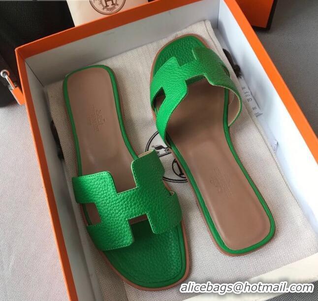 Low Price Hermes Oran H Flat Slipper Sandals in Togo Grainy Calfskin 040384 Green 2021