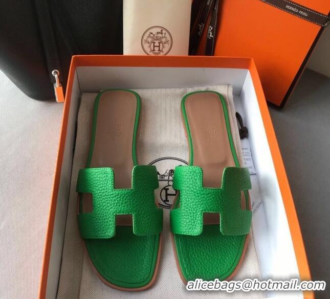 Low Price Hermes Oran H Flat Slipper Sandals in Togo Grainy Calfskin 040384 Green 2021