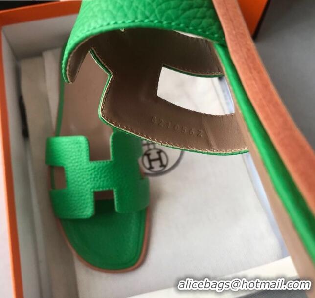 Low Price Hermes Oran H Flat Slipper Sandals in Togo Grainy Calfskin 040384 Green 2021