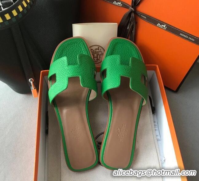 Low Price Hermes Oran H Flat Slipper Sandals in Togo Grainy Calfskin 040384 Green 2021