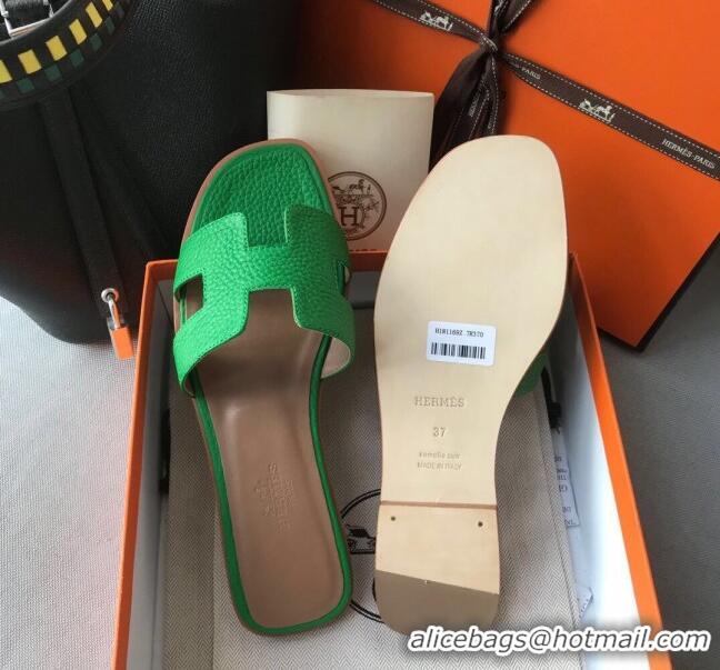 Low Price Hermes Oran H Flat Slipper Sandals in Togo Grainy Calfskin 040384 Green 2021