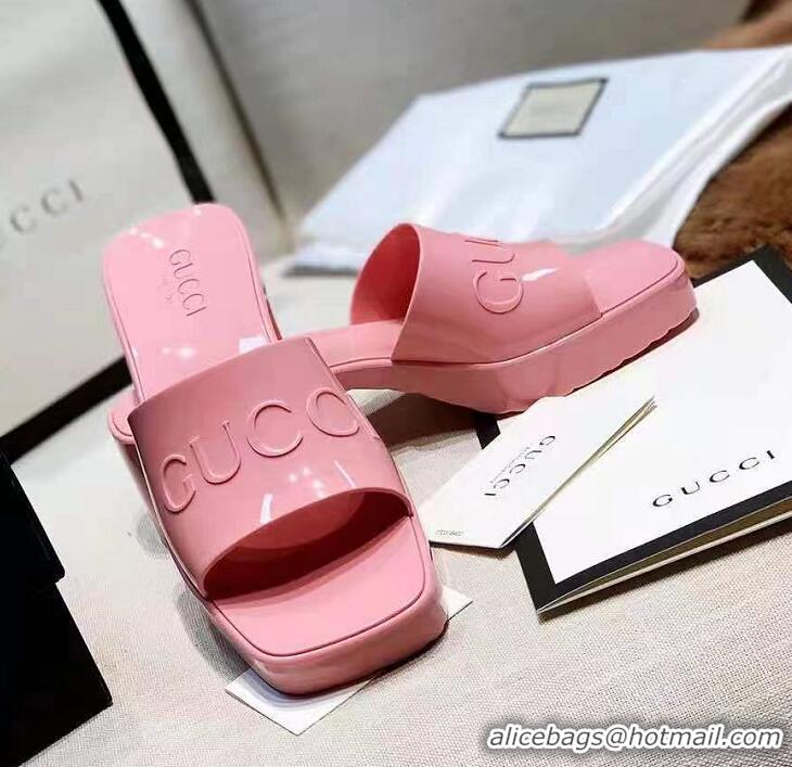 Top Quality Gucci Rubber Logo Platform Slide Sandal G58063 Pink