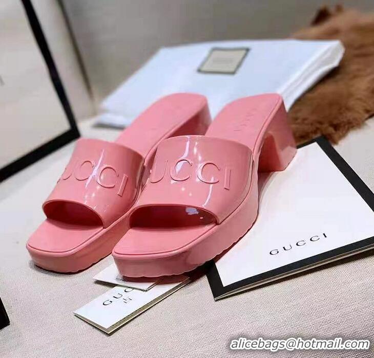 Top Quality Gucci Rubber Logo Platform Slide Sandal G58063 Pink