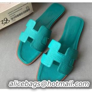 Luxury Discount Hermes Oran H Flat Slipper Sandals in Togo Grainy Calfskin 040384 Macaron Blue 2021