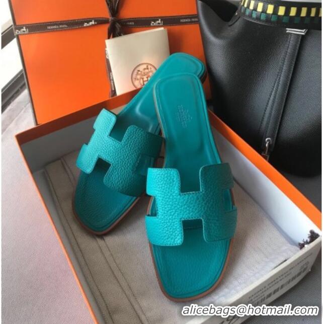 Luxury Discount Hermes Oran H Flat Slipper Sandals in Togo Grainy Calfskin 040384 Macaron Blue 2021