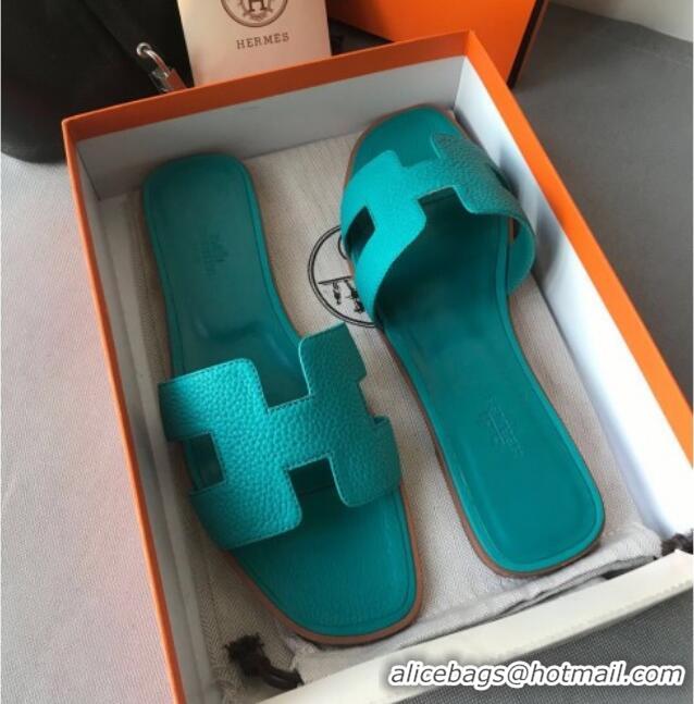 Luxury Discount Hermes Oran H Flat Slipper Sandals in Togo Grainy Calfskin 040384 Macaron Blue 2021