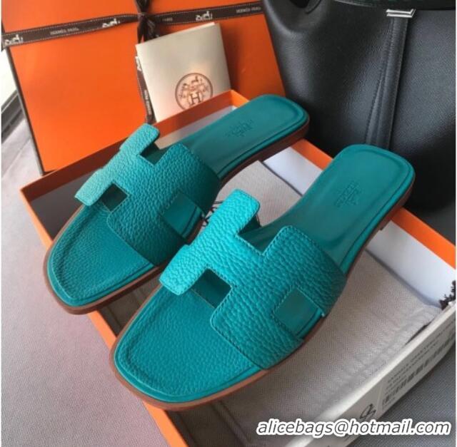 Luxury Discount Hermes Oran H Flat Slipper Sandals in Togo Grainy Calfskin 040384 Macaron Blue 2021