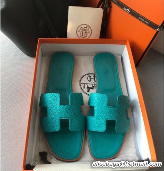 Luxury Discount Hermes Oran H Flat Slipper Sandals in Togo Grainy Calfskin 040384 Macaron Blue 2021