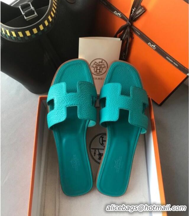 Luxury Discount Hermes Oran H Flat Slipper Sandals in Togo Grainy Calfskin 040384 Macaron Blue 2021