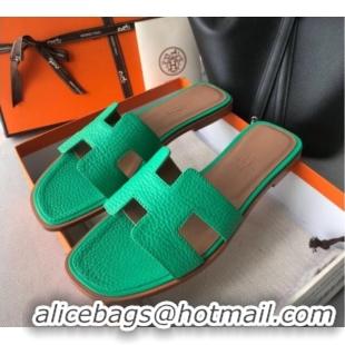 Luxury Cheap Hermes Oran H Flat Slipper Sandals in Togo Grainy Calfskin 040384 Green 2021