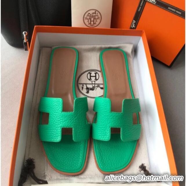 Luxury Cheap Hermes Oran H Flat Slipper Sandals in Togo Grainy Calfskin 040384 Green 2021