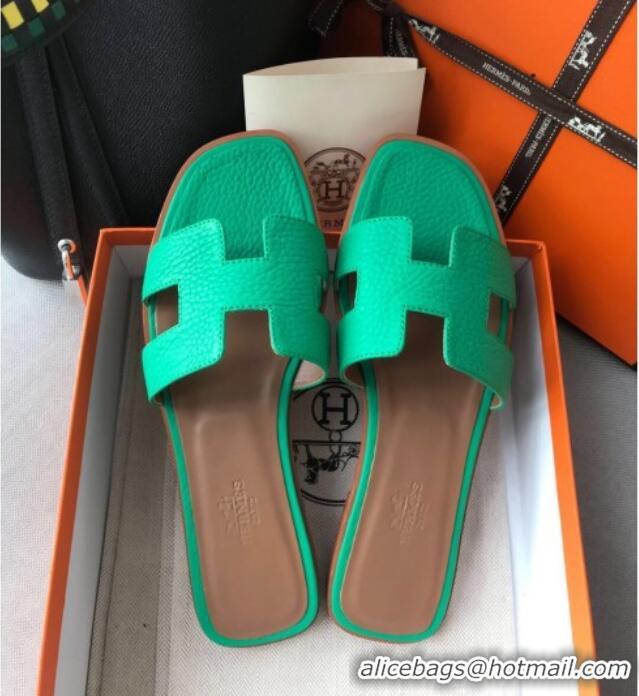 Luxury Cheap Hermes Oran H Flat Slipper Sandals in Togo Grainy Calfskin 040384 Green 2021