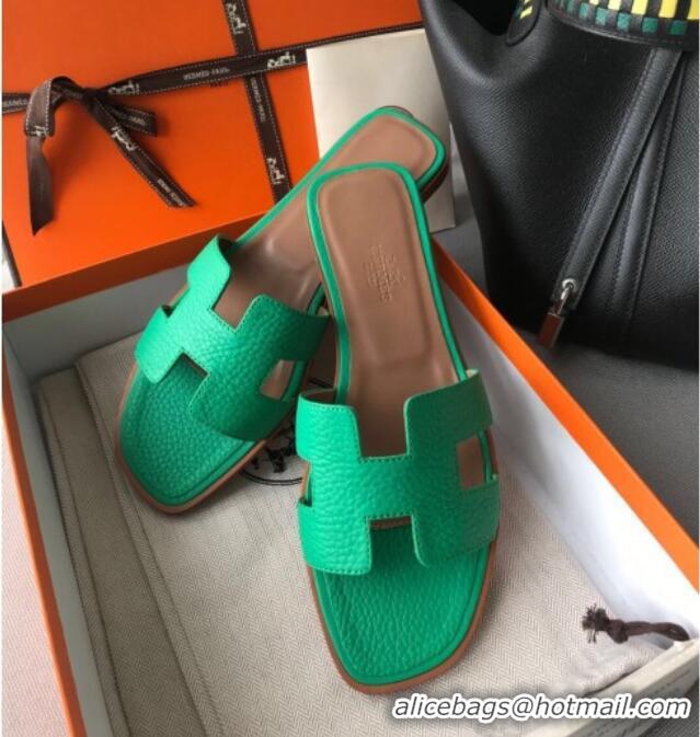 Luxury Cheap Hermes Oran H Flat Slipper Sandals in Togo Grainy Calfskin 040384 Green 2021