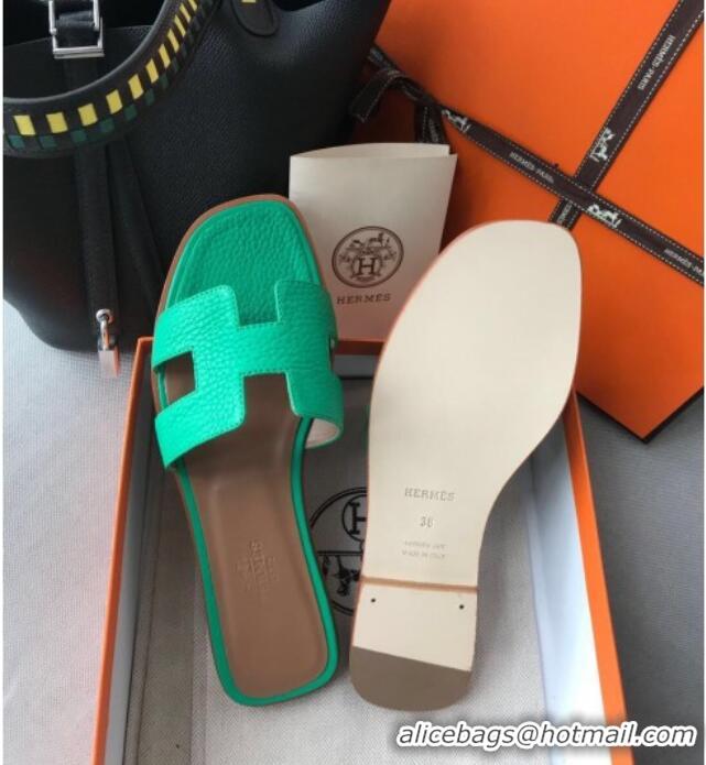 Luxury Cheap Hermes Oran H Flat Slipper Sandals in Togo Grainy Calfskin 040384 Green 2021