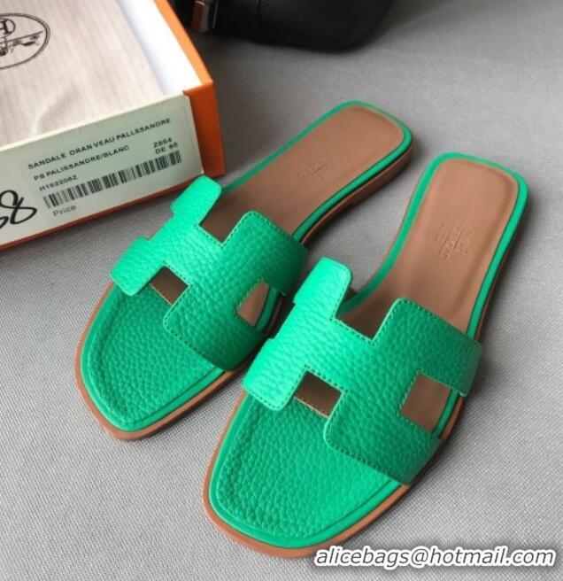 Luxury Cheap Hermes Oran H Flat Slipper Sandals in Togo Grainy Calfskin 040384 Green 2021