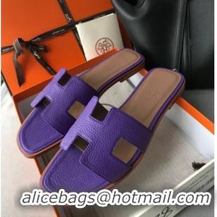 Luxury Hermes Oran H Flat Slipper Sandals in Togo Grainy Calfskin 040384 Purple 2021