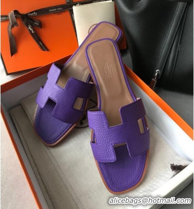 Luxury Hermes Oran H Flat Slipper Sandals in Togo Grainy Calfskin 040384 Purple 2021