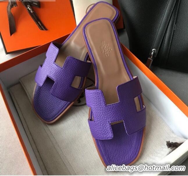 Luxury Hermes Oran H Flat Slipper Sandals in Togo Grainy Calfskin 040384 Purple 2021