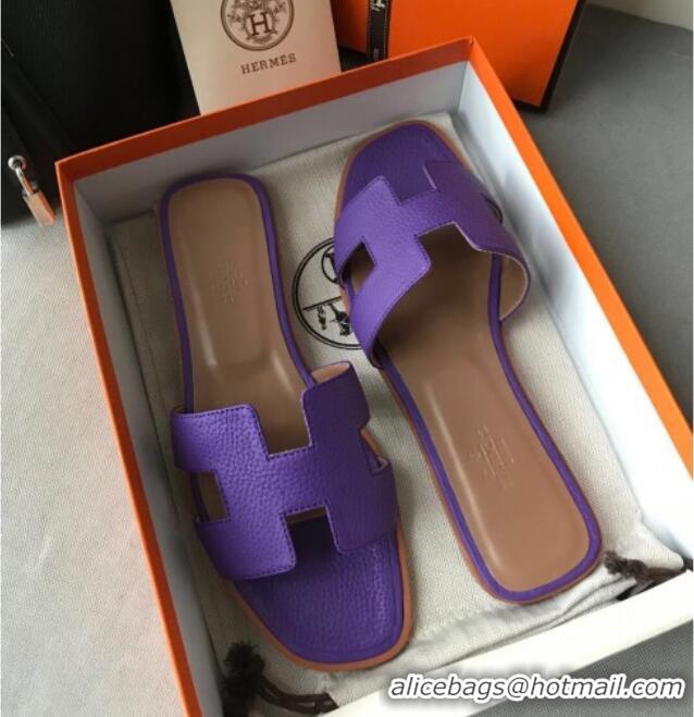 Luxury Hermes Oran H Flat Slipper Sandals in Togo Grainy Calfskin 040384 Purple 2021