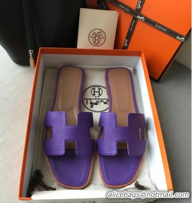 Luxury Hermes Oran H Flat Slipper Sandals in Togo Grainy Calfskin 040384 Purple 2021