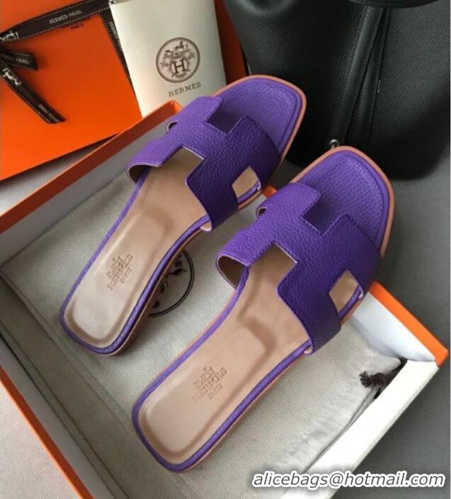 Luxury Hermes Oran H Flat Slipper Sandals in Togo Grainy Calfskin 040384 Purple 2021