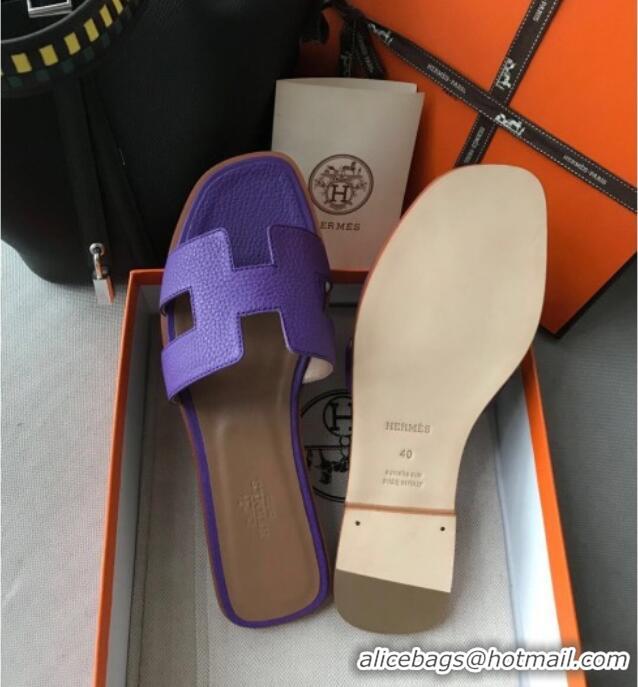 Luxury Hermes Oran H Flat Slipper Sandals in Togo Grainy Calfskin 040384 Purple 2021