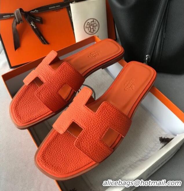 Good Looking Hermes Oran H Flat Slipper Sandals in Togo Grainy Calfskin 040384 Orange 2021