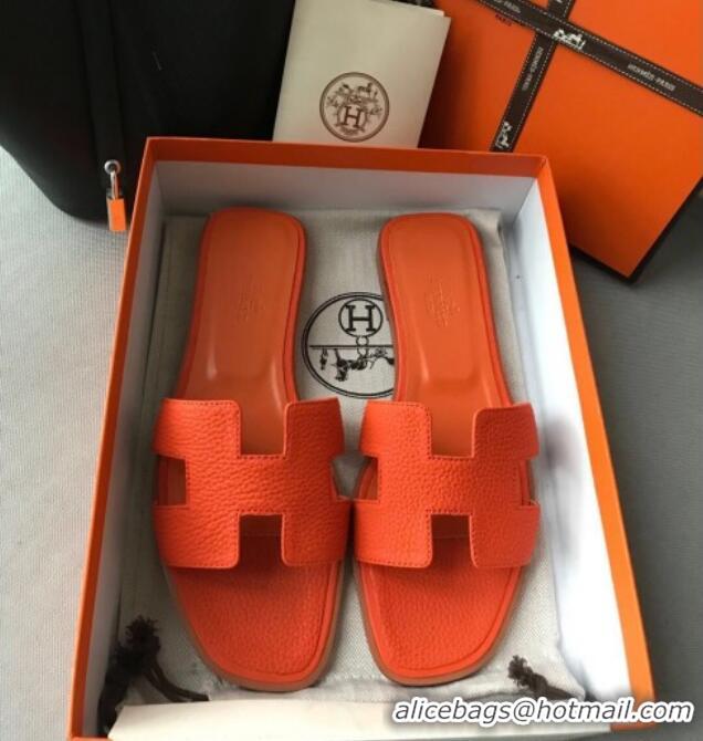 Good Looking Hermes Oran H Flat Slipper Sandals in Togo Grainy Calfskin 040384 Orange 2021