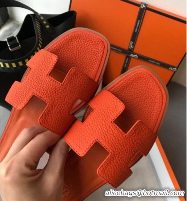 Good Looking Hermes Oran H Flat Slipper Sandals in Togo Grainy Calfskin 040384 Orange 2021