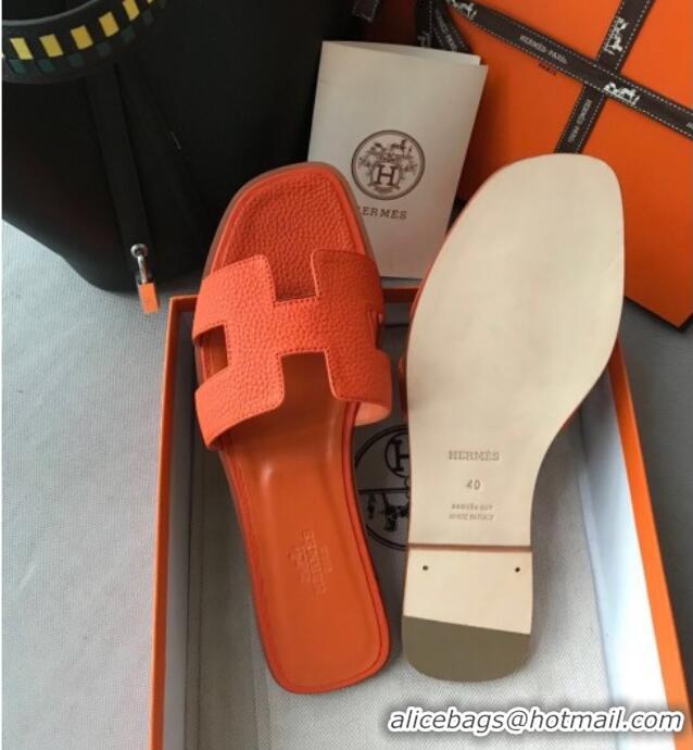 Good Looking Hermes Oran H Flat Slipper Sandals in Togo Grainy Calfskin 040384 Orange 2021