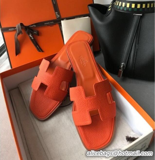 Good Looking Hermes Oran H Flat Slipper Sandals in Togo Grainy Calfskin 040384 Orange 2021