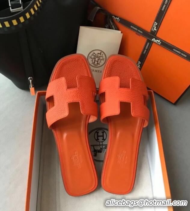 Good Looking Hermes Oran H Flat Slipper Sandals in Togo Grainy Calfskin 040384 Orange 2021