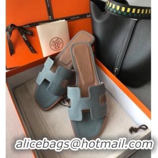 Luxurious Hermes Oran H Flat Slipper Sandals in Togo Grainy Calfskin 040384 Blue-Grey 2021