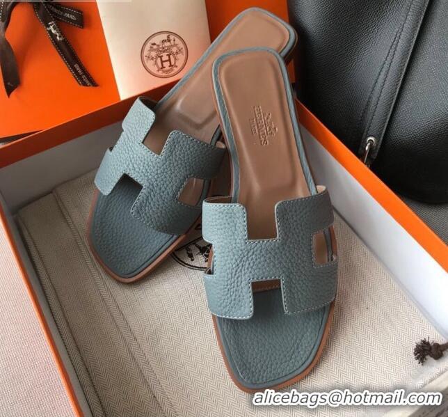 Luxurious Hermes Oran H Flat Slipper Sandals in Togo Grainy Calfskin 040384 Blue-Grey 2021