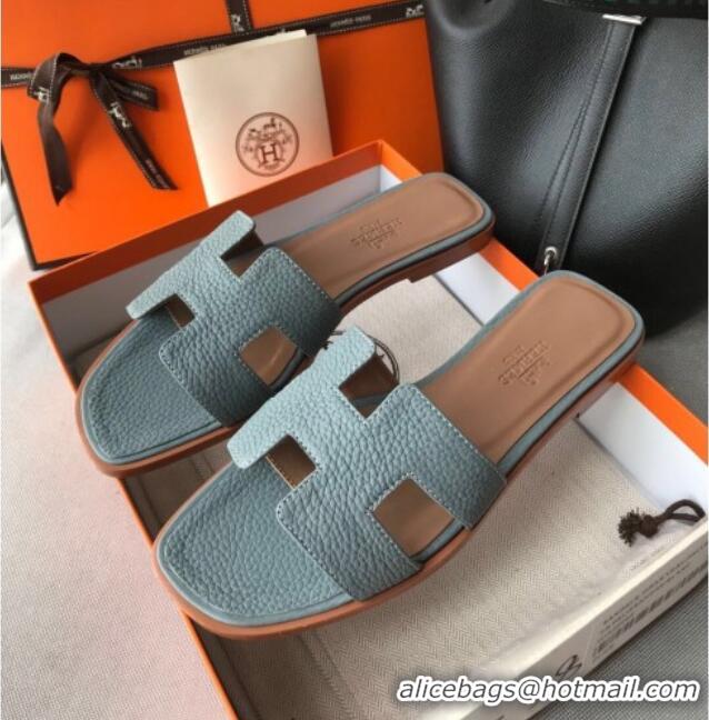 Luxurious Hermes Oran H Flat Slipper Sandals in Togo Grainy Calfskin 040384 Blue-Grey 2021