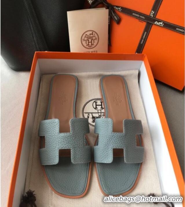 Luxurious Hermes Oran H Flat Slipper Sandals in Togo Grainy Calfskin 040384 Blue-Grey 2021