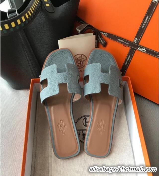 Luxurious Hermes Oran H Flat Slipper Sandals in Togo Grainy Calfskin 040384 Blue-Grey 2021