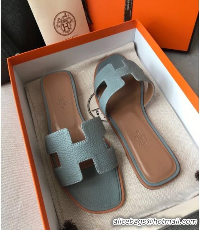 Luxurious Hermes Oran H Flat Slipper Sandals in Togo Grainy Calfskin 040384 Blue-Grey 2021