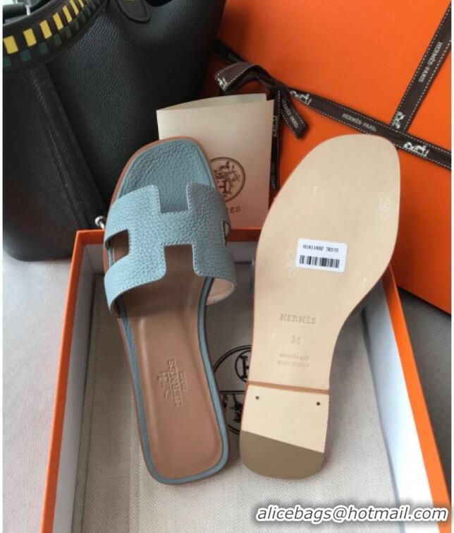 Luxurious Hermes Oran H Flat Slipper Sandals in Togo Grainy Calfskin 040384 Blue-Grey 2021