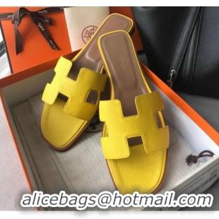 Grade Quality Hermes Oran H Flat Slipper Sandals in Togo Grainy Calfskin 040384 Yellow 2021