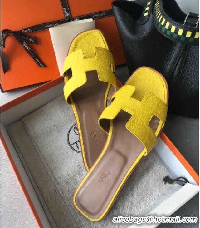 Grade Quality Hermes Oran H Flat Slipper Sandals in Togo Grainy Calfskin 040384 Yellow 2021