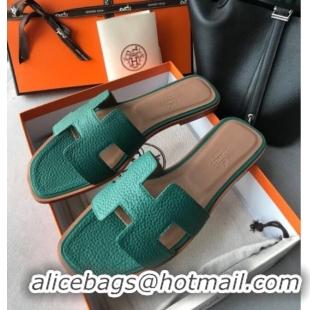 Popular Style Hermes Oran H Flat Slipper Sandals in Togo Grainy Calfskin 040384 Green 2021