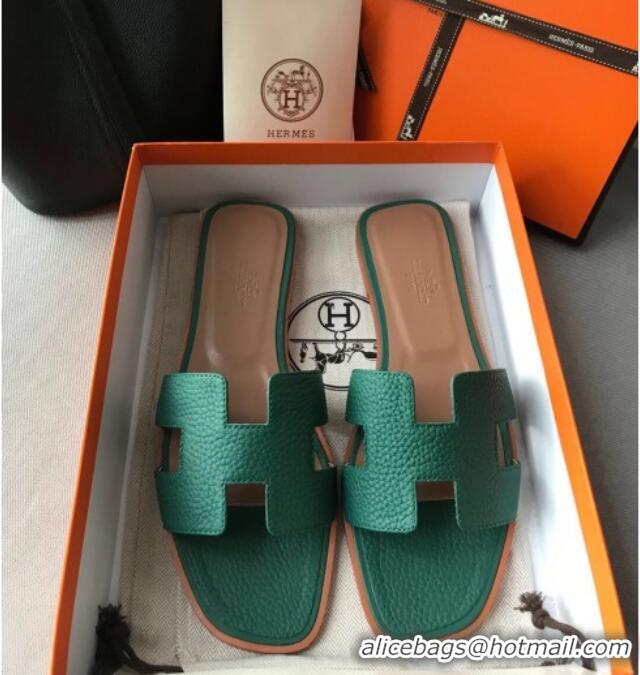 Popular Style Hermes Oran H Flat Slipper Sandals in Togo Grainy Calfskin 040384 Green 2021