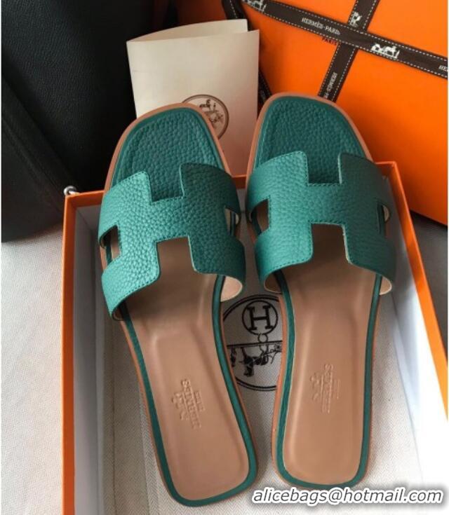 Popular Style Hermes Oran H Flat Slipper Sandals in Togo Grainy Calfskin 040384 Green 2021