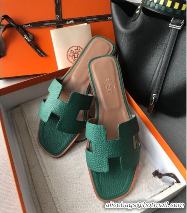 Popular Style Hermes Oran H Flat Slipper Sandals in Togo Grainy Calfskin 040384 Green 2021