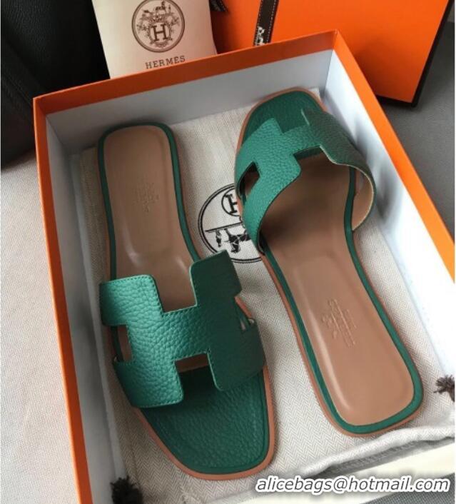 Popular Style Hermes Oran H Flat Slipper Sandals in Togo Grainy Calfskin 040384 Green 2021