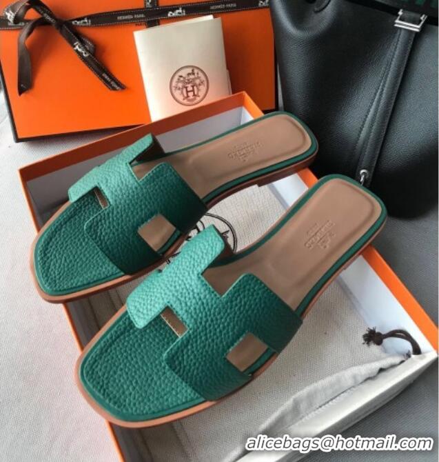 Popular Style Hermes Oran H Flat Slipper Sandals in Togo Grainy Calfskin 040384 Green 2021