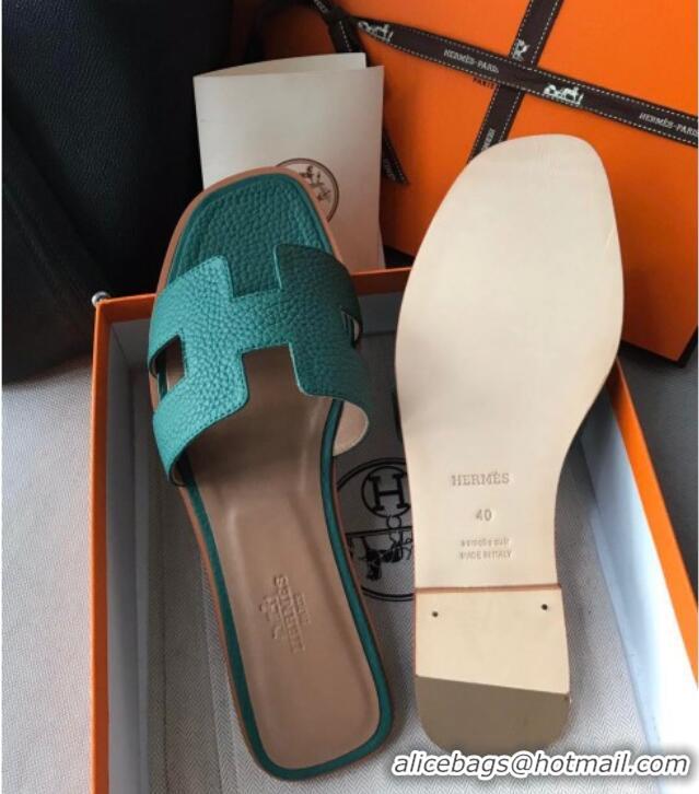 Popular Style Hermes Oran H Flat Slipper Sandals in Togo Grainy Calfskin 040384 Green 2021